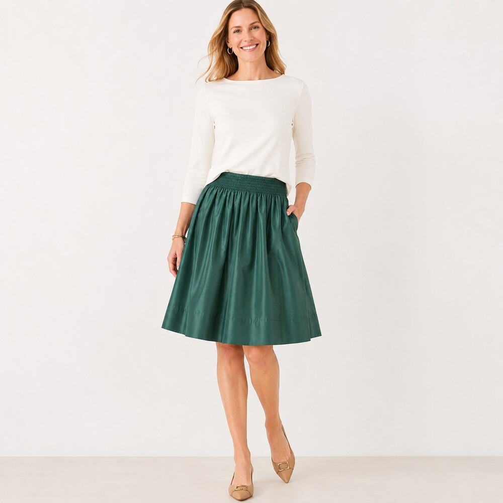 Talbots 100% Silk Green A-Line Skirt Smocked Elastic Waist Pockets Women’s L NWT